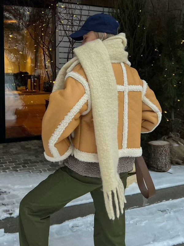 Dam Pilotjacka Konstgjort Lammskinn med Kontrast Sömmar-5