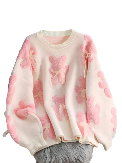 Stickad Dam Tröja med Björnmönster Mjuk Akryl-1