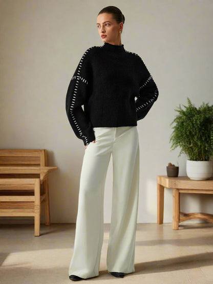 Dam Stickad Överdimensionerad Tröja i Grovstickning Akryl-3