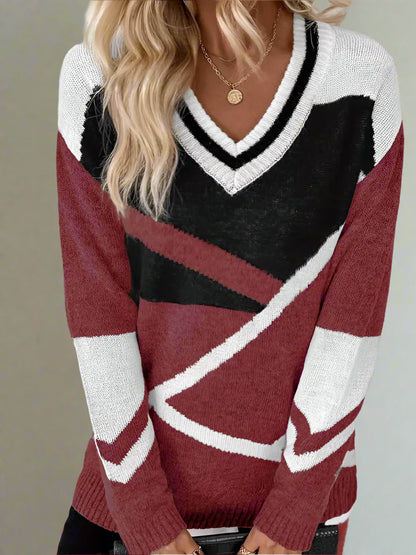 Dam Ulltröja Geometrisk V-ringning Lång Ärme-2