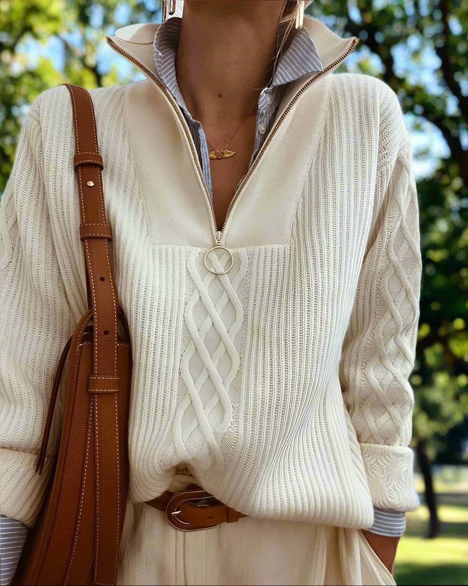 Dam Stickad Tröja Kabelstickning med Dragkedja-2