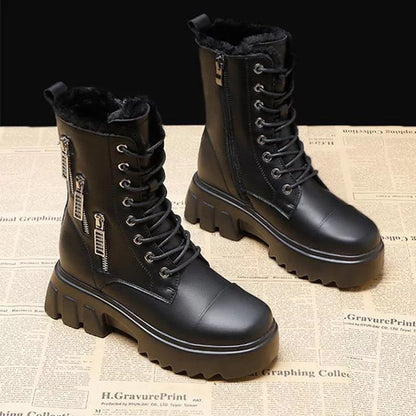 Dam Schnürboots Eco-Läder Plyschfoder Blockhæl-3