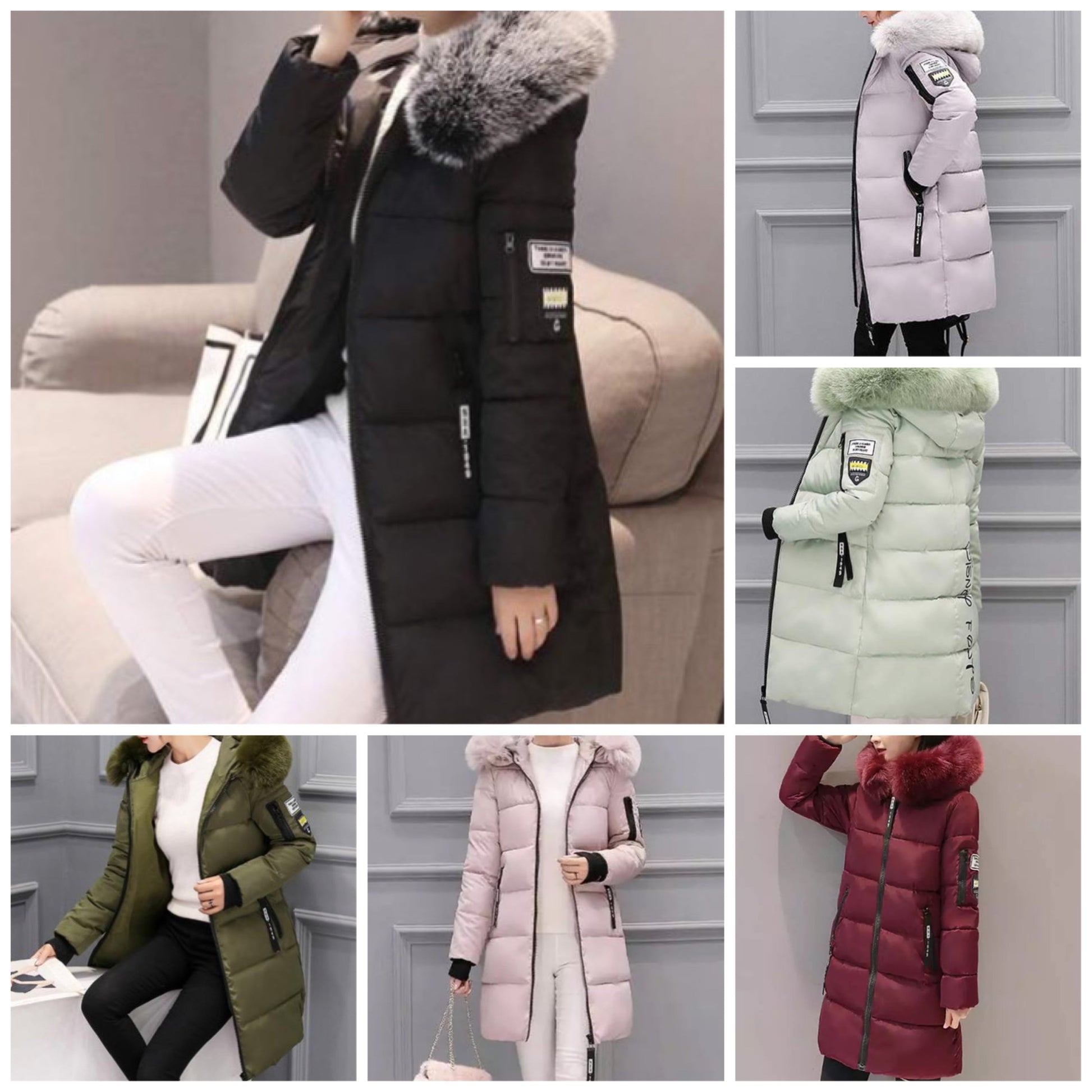 Damjacka Lång Casual Quiltad Polyester med Huva och Faux Päls-2