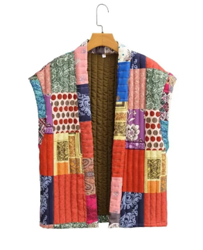 Dunväst Dam Förkortad Blommönster Quiltad Polyester-1