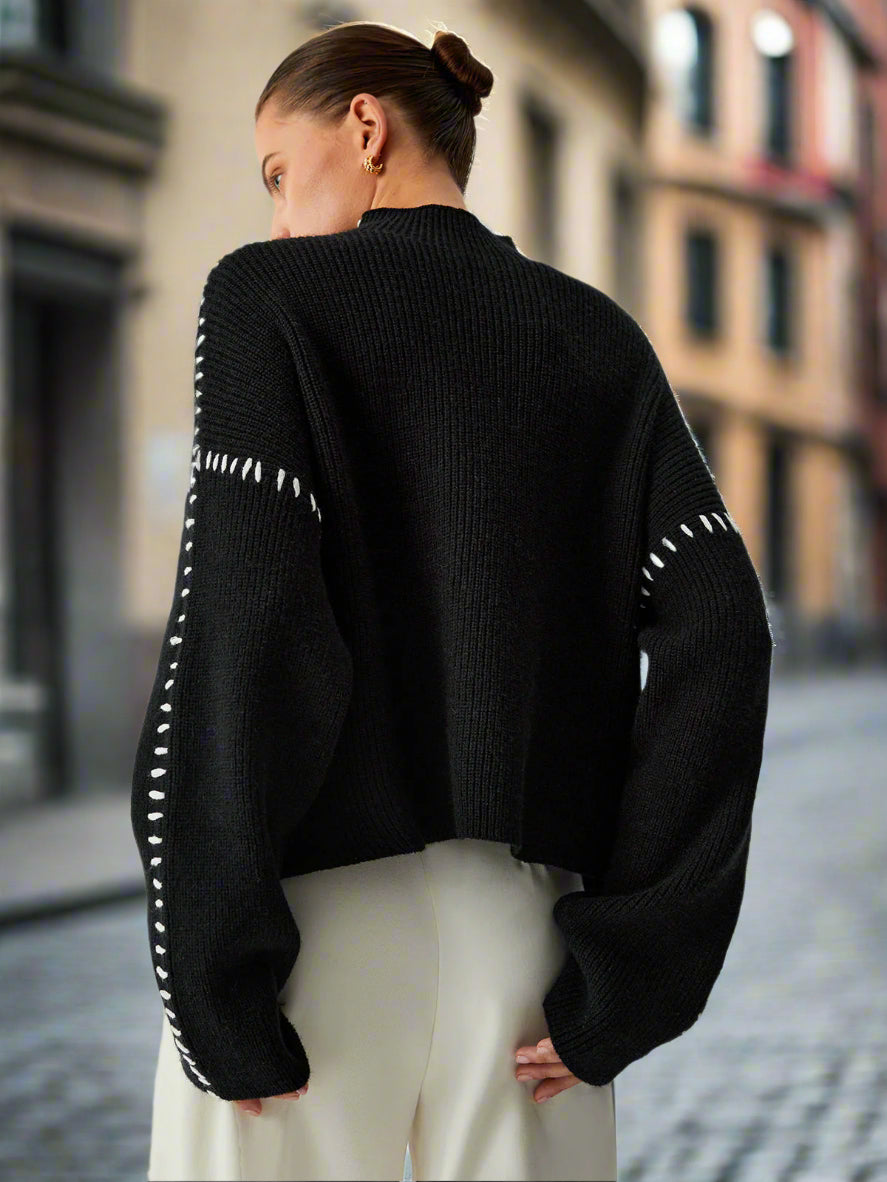 Dam Stickad Överdimensionerad Tröja i Grovstickning Akryl-4