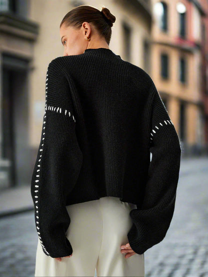 Dam Stickad Överdimensionerad Tröja i Grovstickning Akryl-4