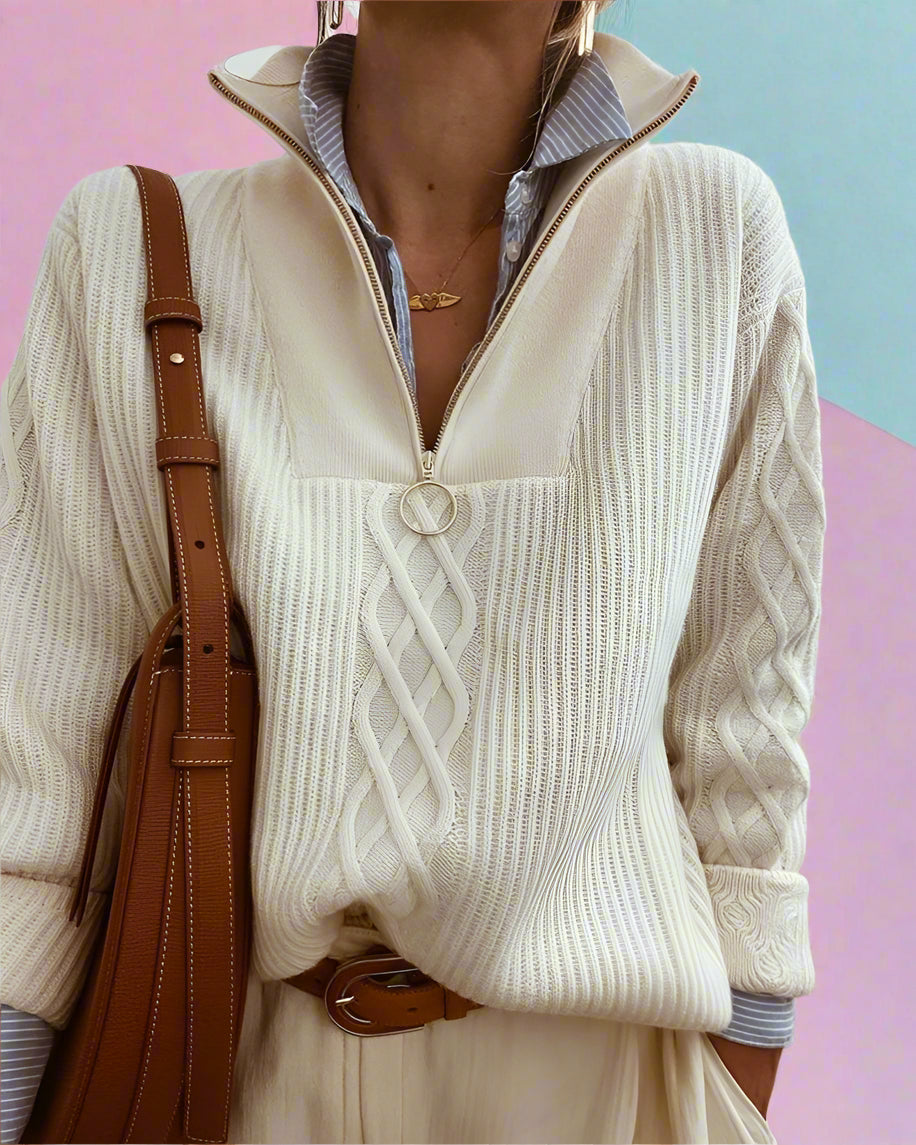 Dam Stickad Tröja Kabelstickning med Dragkedja-3