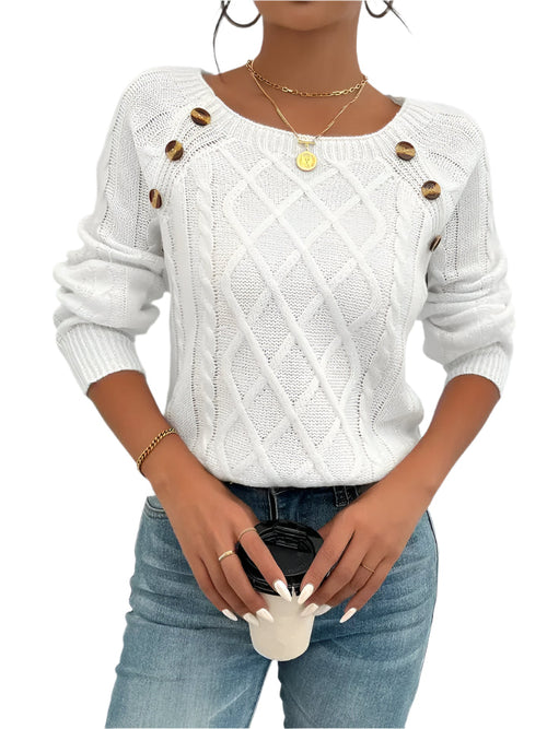 Stickad Dam Tröja med Vinklad Krage och Knappar-1