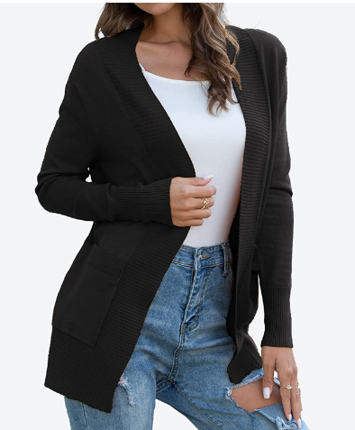 Lång Kofta Dam Öppen Front Stickad Mjuk Med Fickor-4