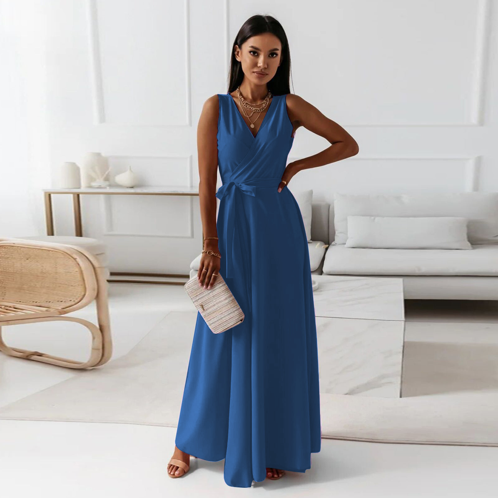 Maxi Klänning Dam V-hals Lång Polyester Elegant Snitt 2