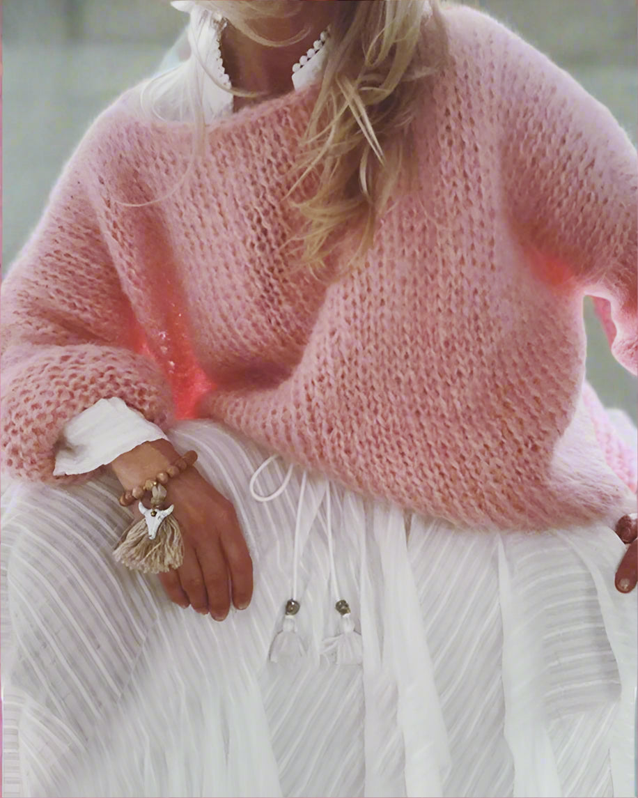 Dam Stickad Tröja Ull Långärmad Rosa-2