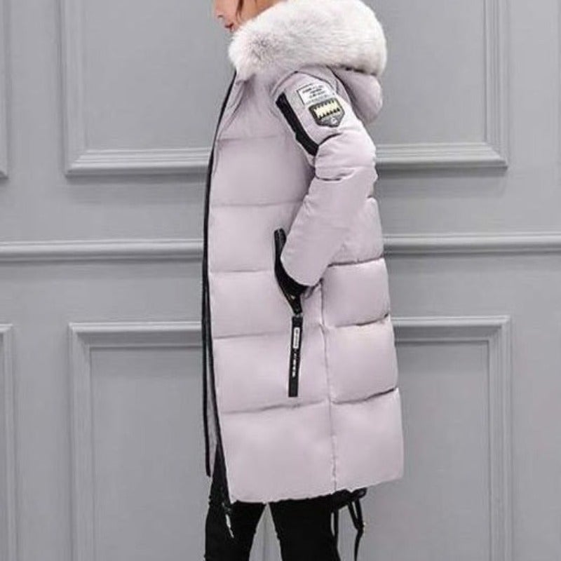 Damjacka Lång Casual Quiltad Polyester med Huva och Faux Päls-5