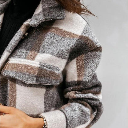 Dam Lång Karo Mantel med Knappslå och Fickor Bomull Polyester-5