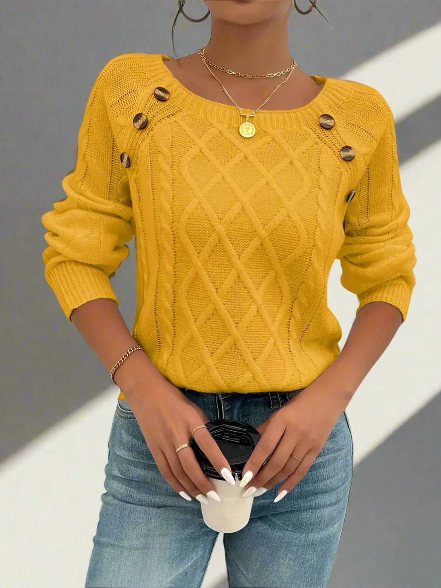 Stickad Dam Tröja med Vinklad Krage och Knappar-5