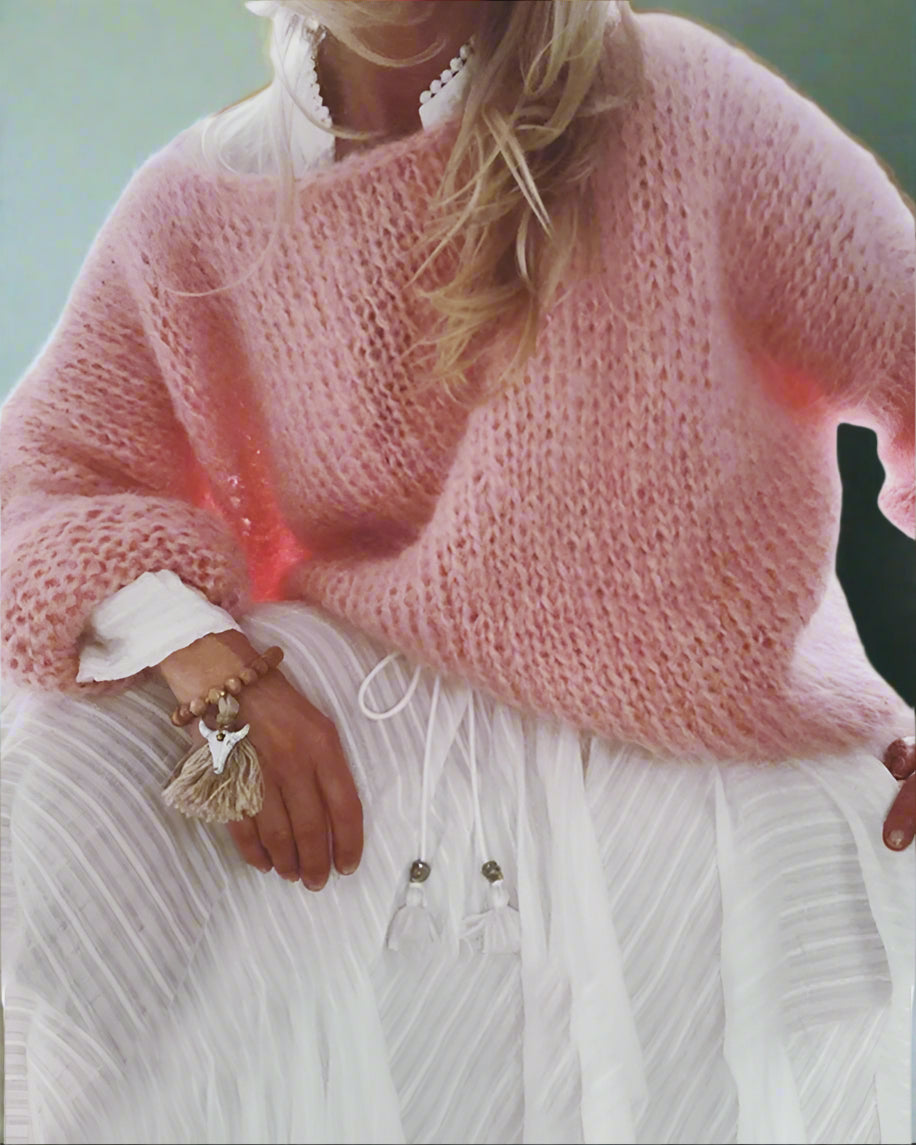 Dam Stickad Tröja Ull Långärmad Rosa-3