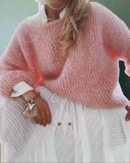 Dam Stickad Tröja Ull Långärmad Rosa-3