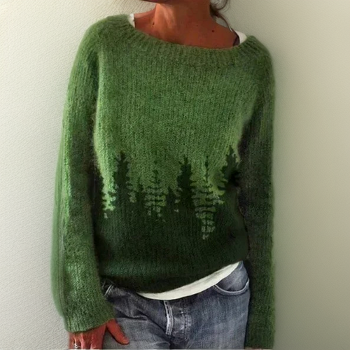 Stickad Dam Tröja Ullblandning med Skogstryck Avslappnad Passform-1