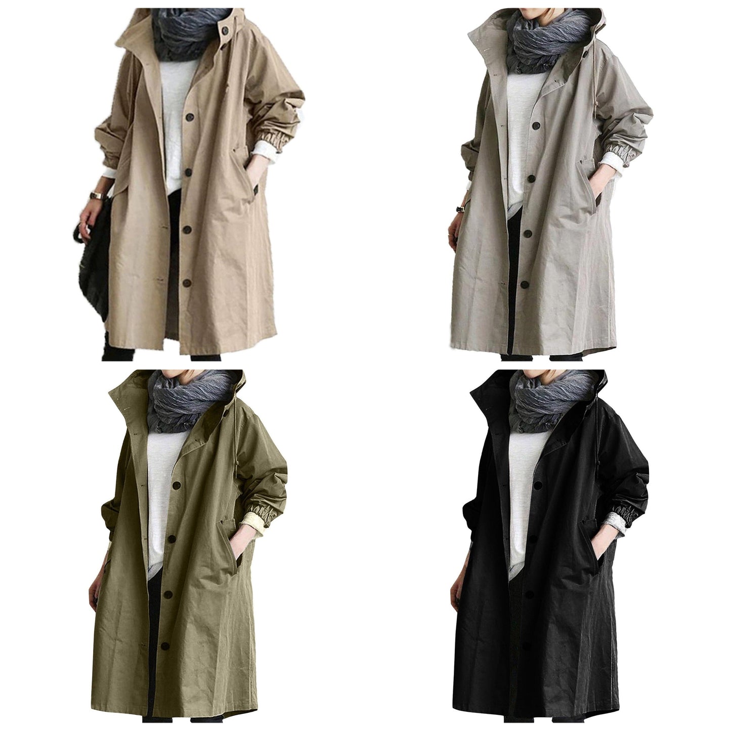 Dam Trenchrock Lång Passform Justerbar Huva Bomull Polyester-3