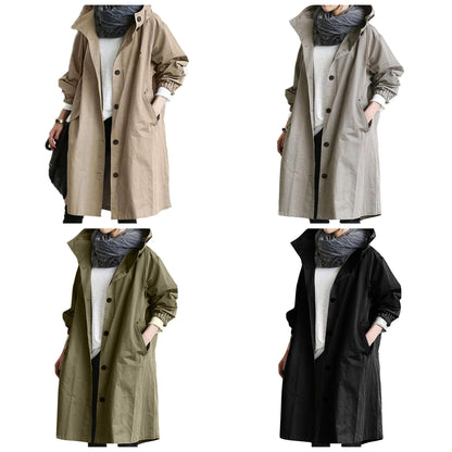 Dam Trenchrock Lång Passform Justerbar Huva Bomull Polyester-3