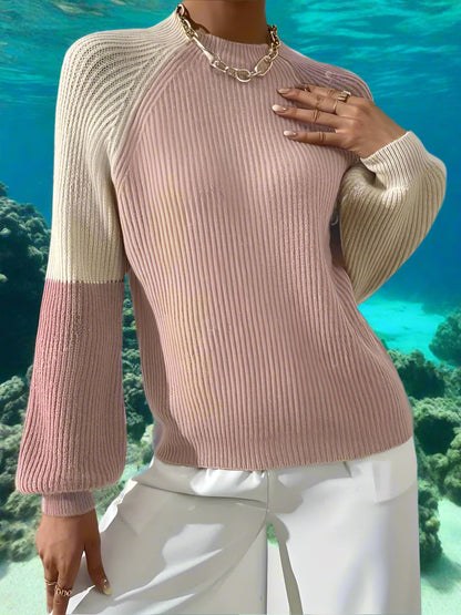 Stickad Dam Turtleneck Tröja med Färgblock och Randiga Ärmar, Mjuk Akryl-5