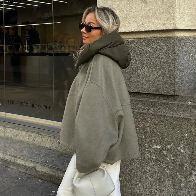 Variant image for Kvinnors Kort Vinterjacka med Huva Ullblandning-1