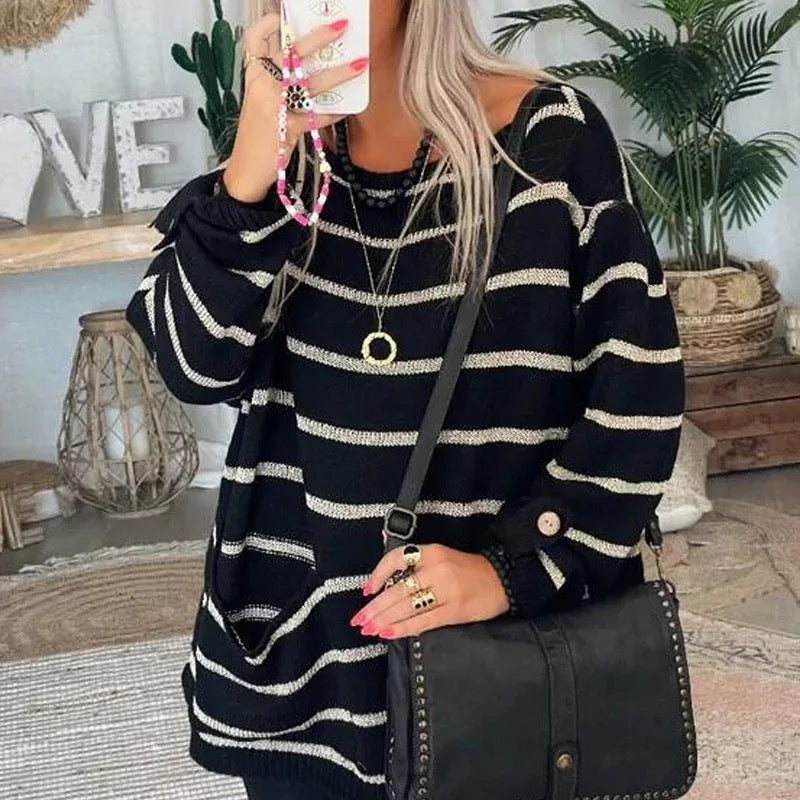 Dam Stickad Tröja Lång Bomull Polyester Rund Halsringning Relaxed Fit-4