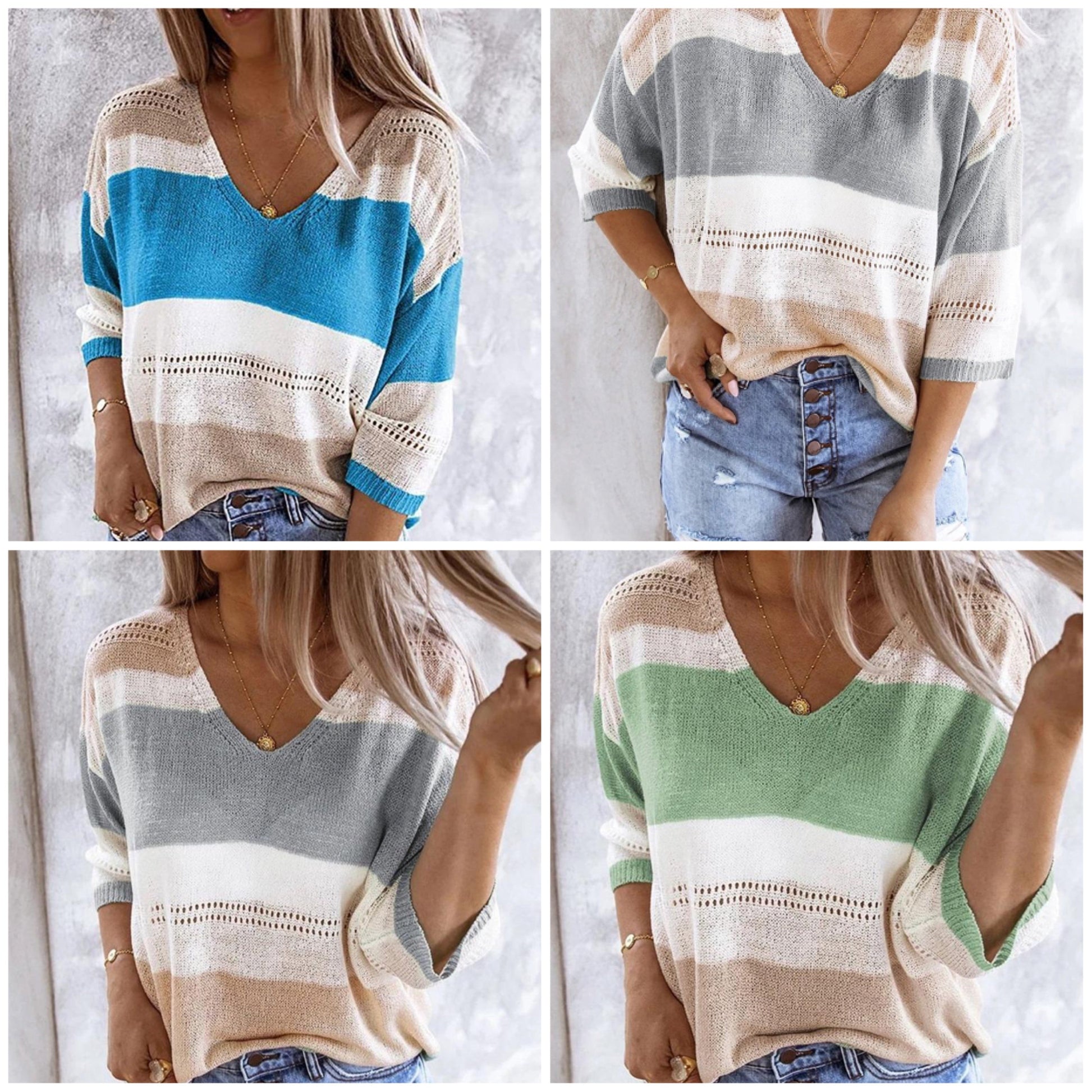 Dam Stickad Tröja V-ringning Långärmad Bomull Ribbade Detaljer-4