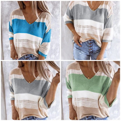 Dam Stickad Tröja V-ringning Långärmad Bomull Ribbade Detaljer-4