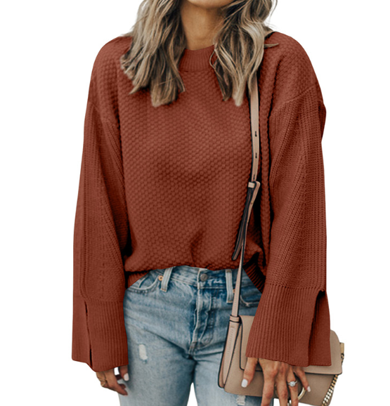 Stickad Dam Tröja Långärmad Avslappnad Viskos med Rund Halsringning – Monokromt Mönster för Höst och Vinter 5