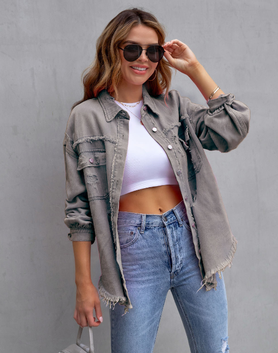 Dam Överdimensionerad Denimjacka Rippad Högkvalitativ Denim-6