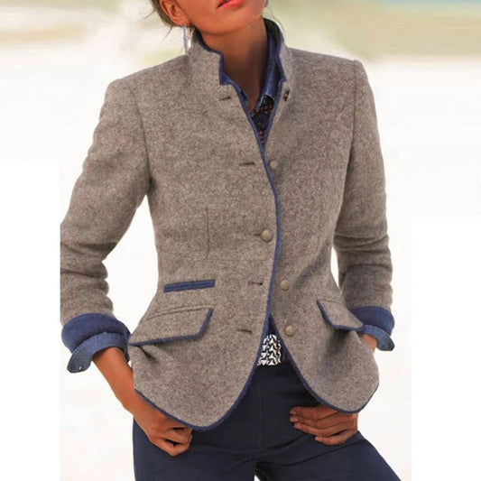 Dam Blazer Kort Modern Design Bomull med Stand-Up-Krage-1