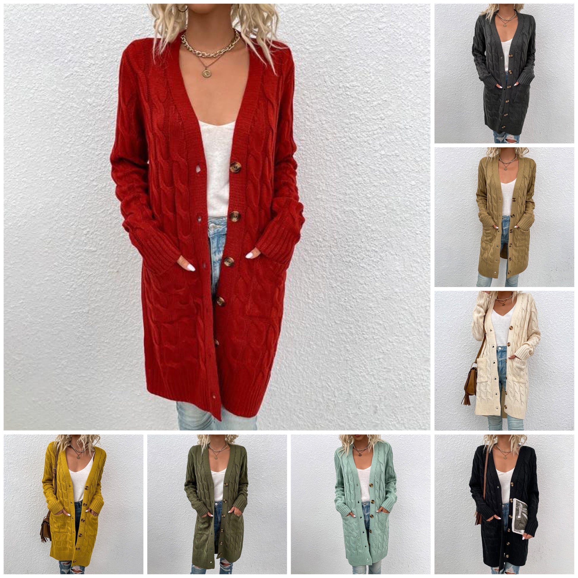 Dam Lång Stickad Väst med Fickor i Bomull och Polyester-2