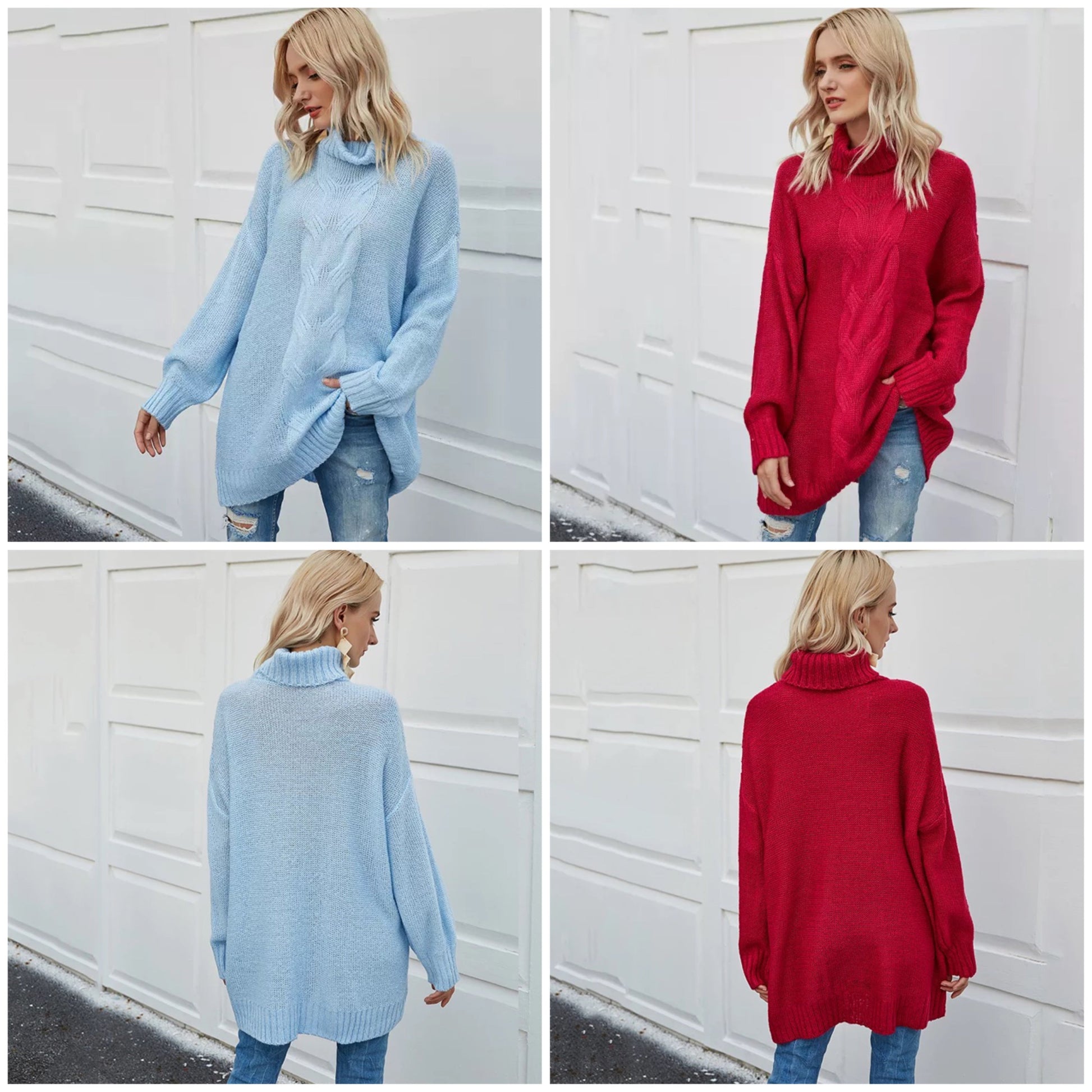 Dam Stickad Turtleneck Tröja Överdimensionerad Bomull-5