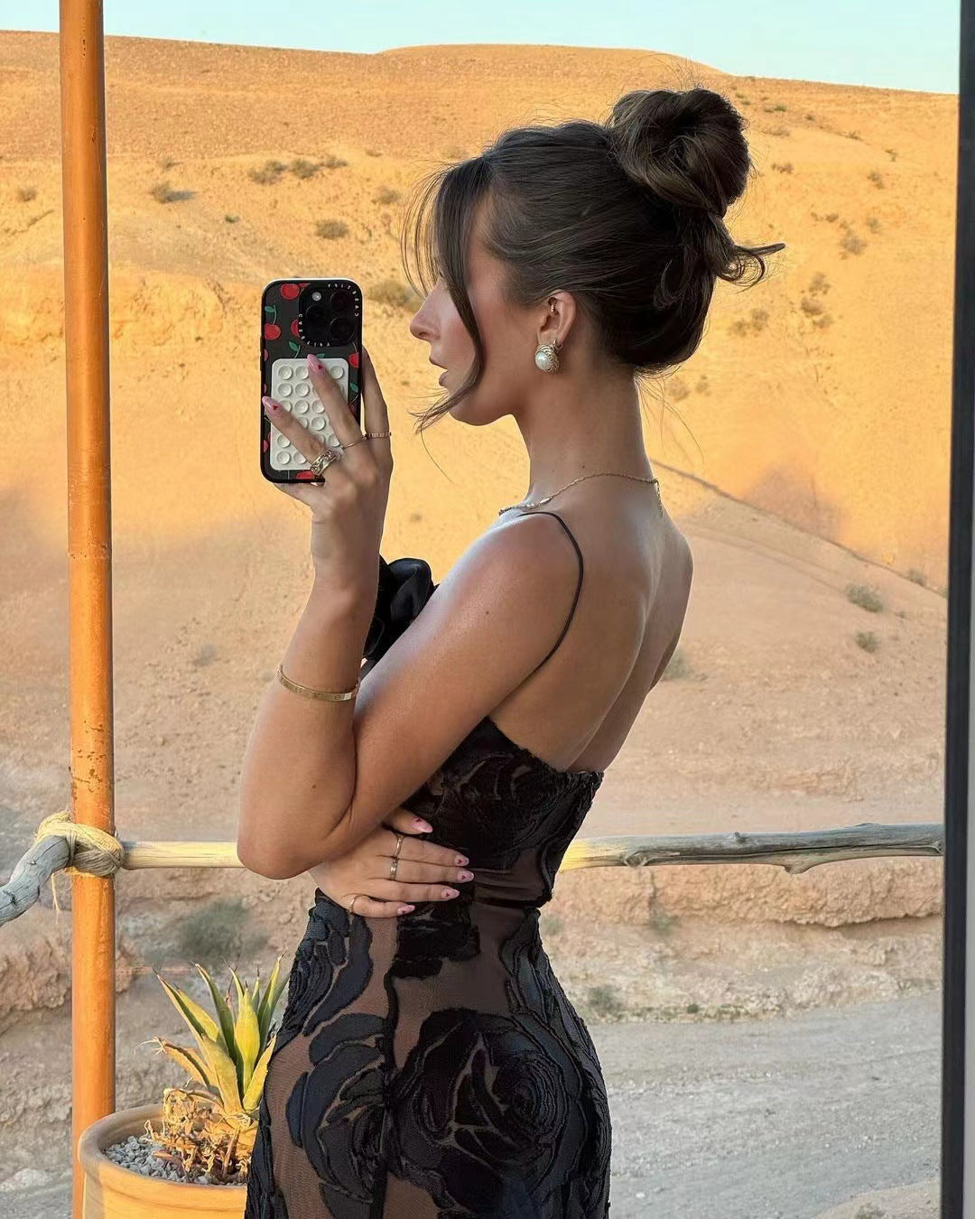 Kvinnors Transparent Blommaklänning Flödande Tyg-2