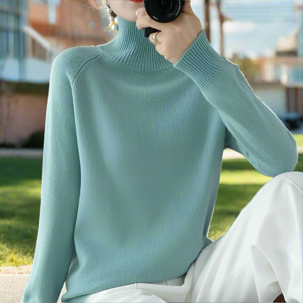 Stickad Dam Tröja Turtleneck Ullblandning Smickrande Passform-2