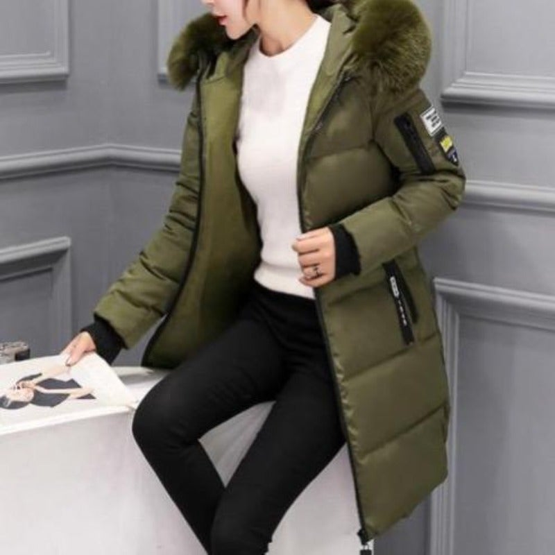 Damjacka Lång Casual Quiltad Polyester med Huva och Faux Päls-3