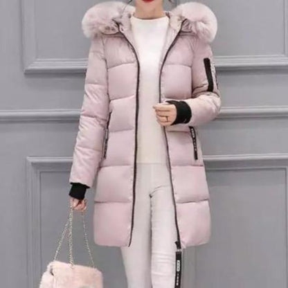 Damjacka Lång Casual Quiltad Polyester med Huva och Faux Päls-1