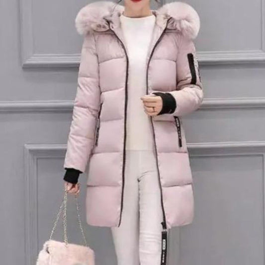 Damjacka Lång Casual Quiltad Polyester med Huva och Faux Päls-1