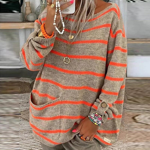 Dam Stickad Tröja Lång Bomull Polyester Rund Halsringning Relaxed Fit-1