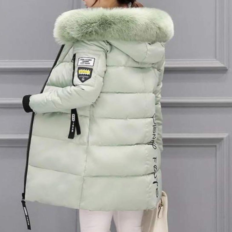 Damjacka Lång Casual Quiltad Polyester med Huva och Faux Päls-4