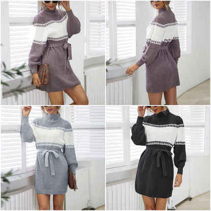 Kvinna Långärmad Klänning Figurbetonad Bomull Polyester-5