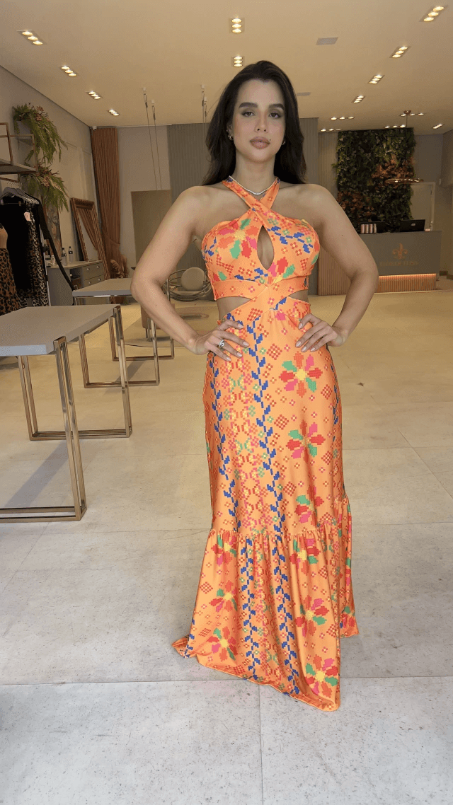 Dam Maxiklänning Utskriven med Slipsdetalj i Högkvalitativt Tyg-2