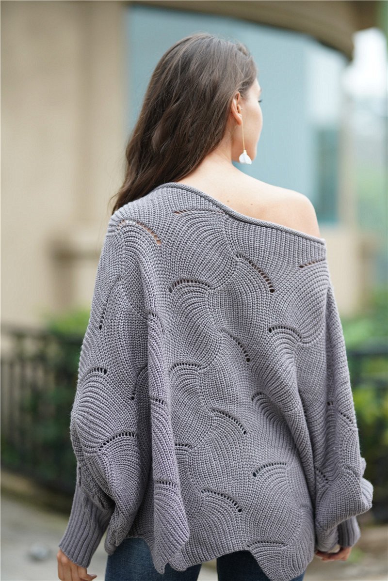 Stickad Dam Tröja Avslappnad Rund Hals Ull Fladdermushylsor-6