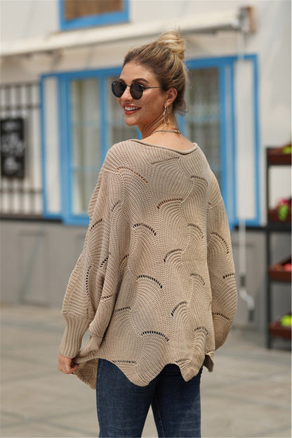 Dam Stickad Tröja Avslappnad Stil i Mjuk Ull med Fladdermushylsor-4