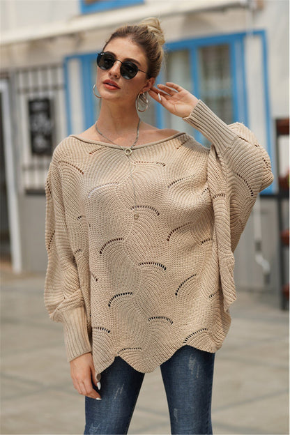 Dam Stickad Tröja Avslappnad Stil i Mjuk Ull med Fladdermushylsor-3