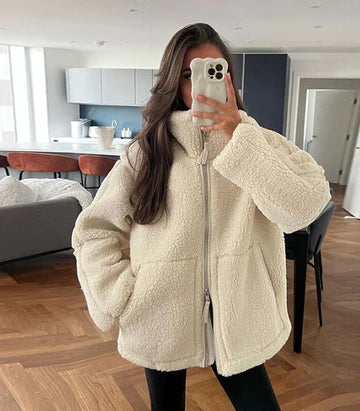 Damjacka Fluffy Teddy Fleece med Kontrastdetaljer-5