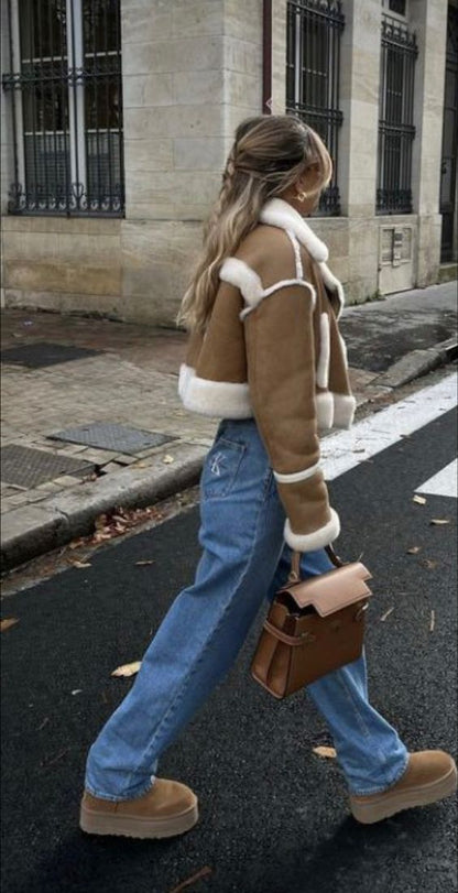 Dam Shearling Jacka Genskuren Mjuk och Elegant-2