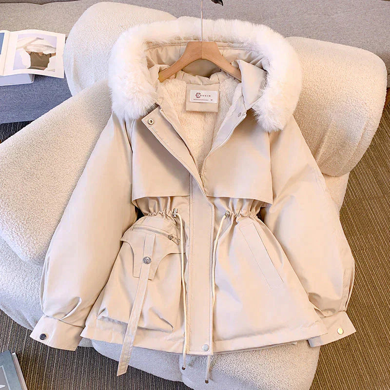 Vinterjacka Dam Lång Elegant Ullpolyester Med Päls Krage-1