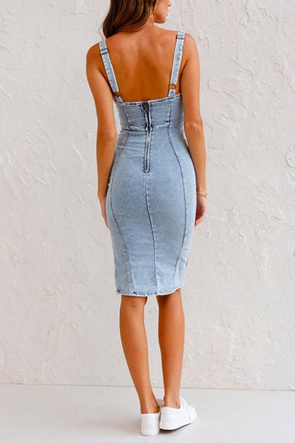 Dam Jeansklänning Justerbara Bärare Denim Lång Stil 2