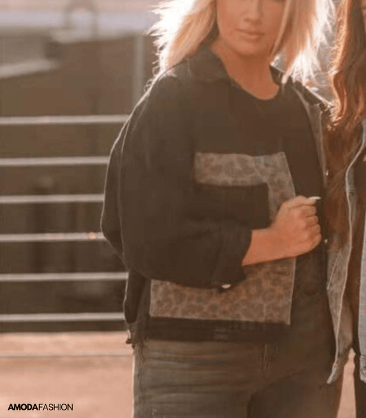 Jeansjacka Dam i Leopardmönster – Slitstark Denim med Bekväm Passform för Vår och Höst 1